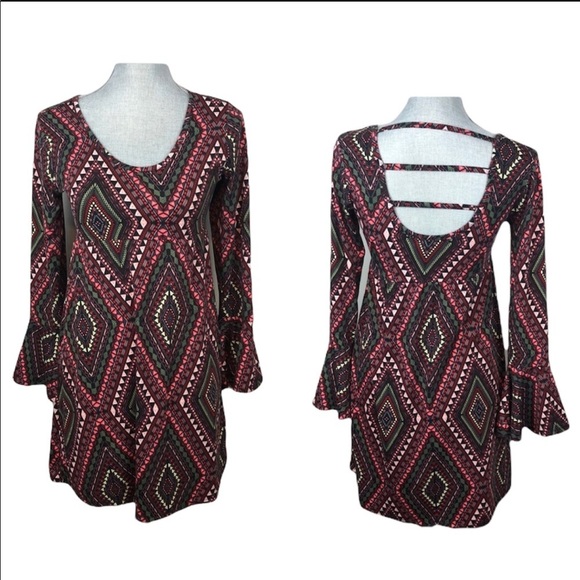 Bongo Retro Print Bell Sleeve Dress w Strap Back Size Small - Picture 1 of 11